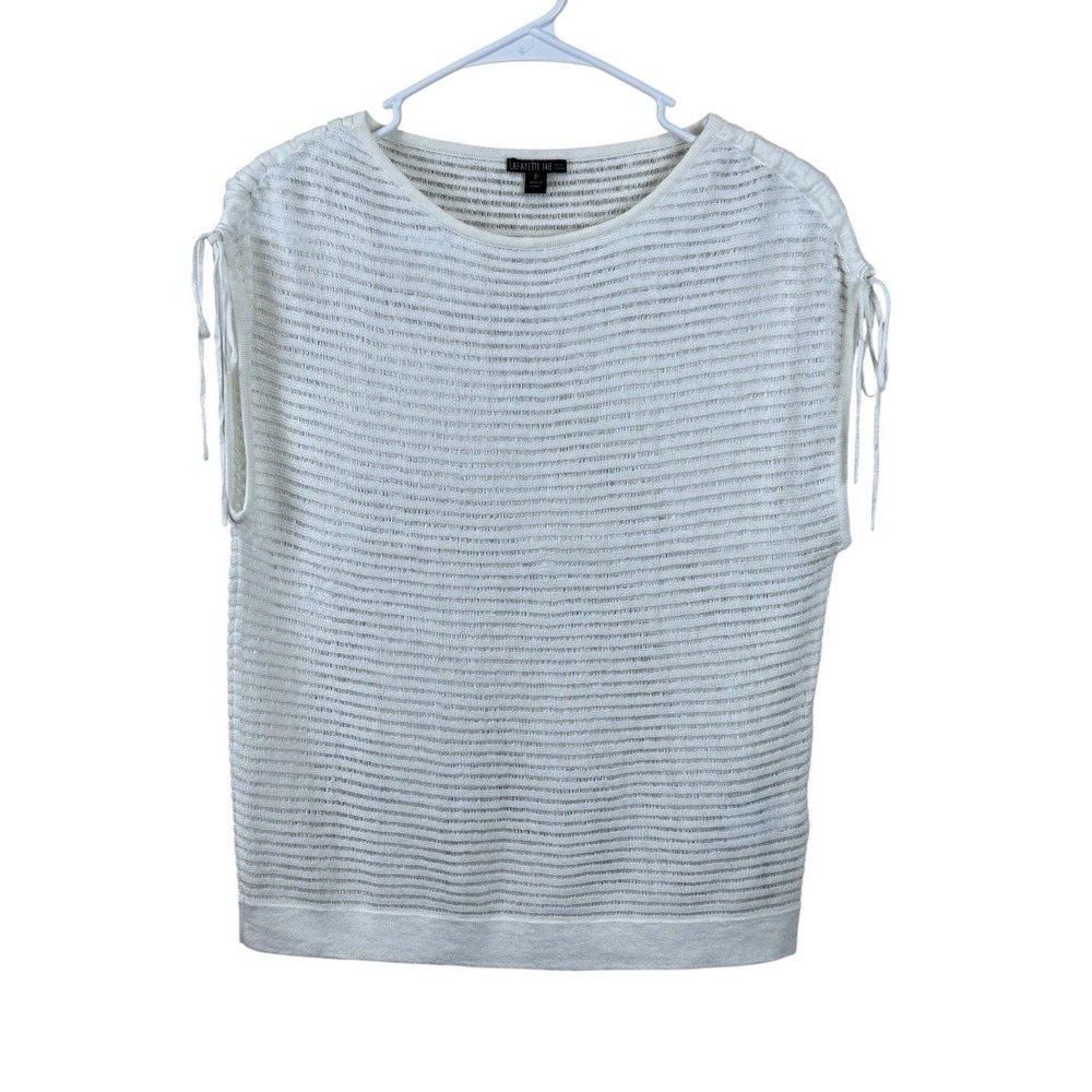 Lafayette 148 Off White Linen Blend Sleeveless Tunic Top Size P Stripe Open Knit